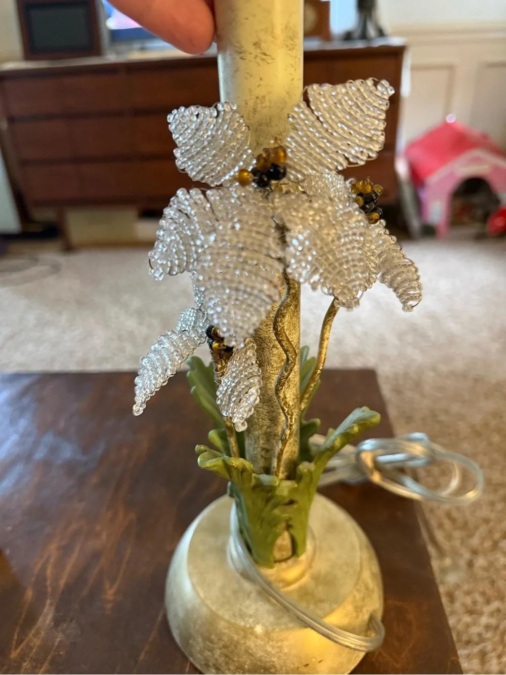 Vintage-style Beaded Flower Table Lamp - Silver and Green Hollywood recently